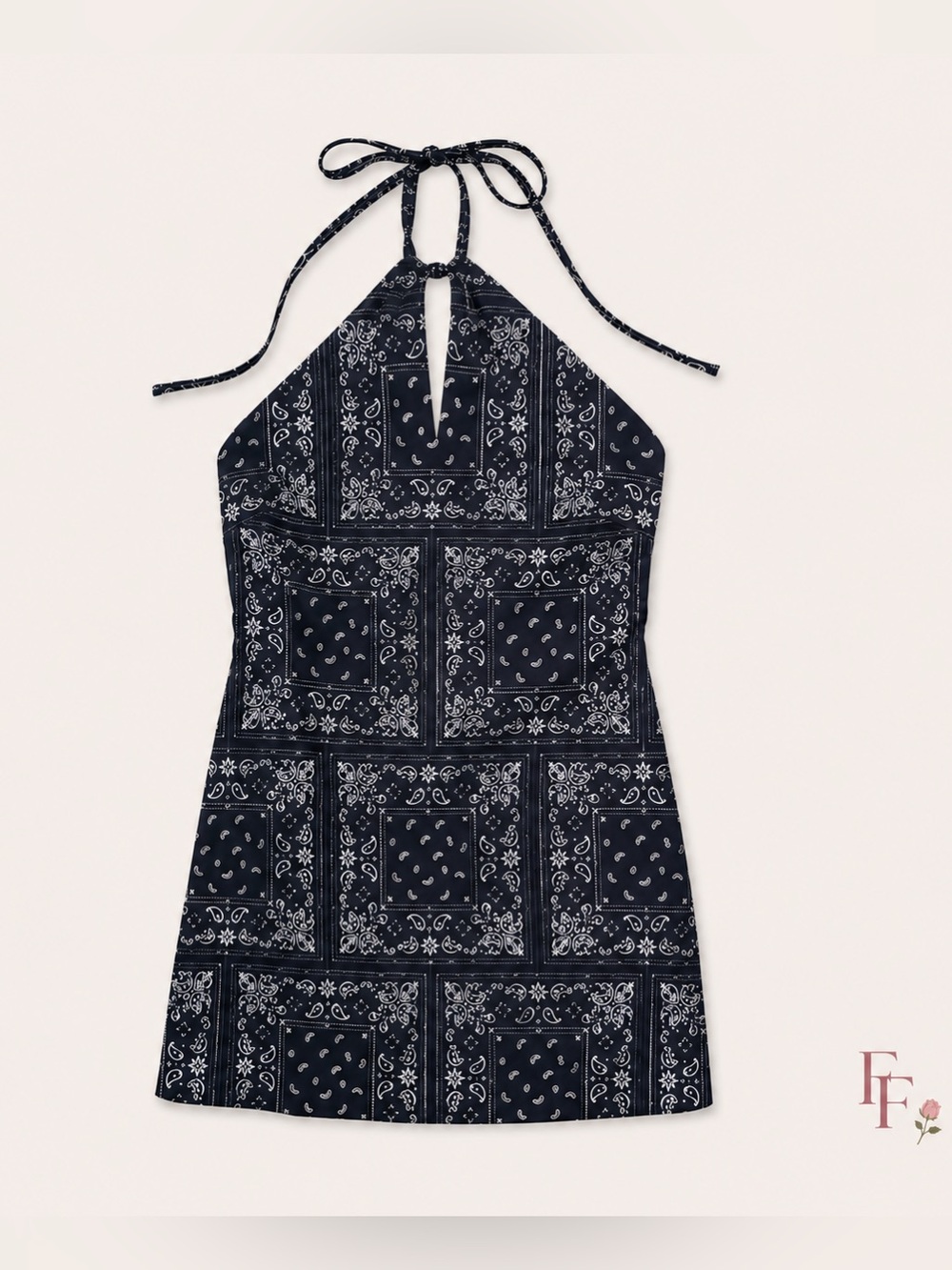 Elodie Navy Bandana Print Halter Mini Dress XS Open Back Paisley Print